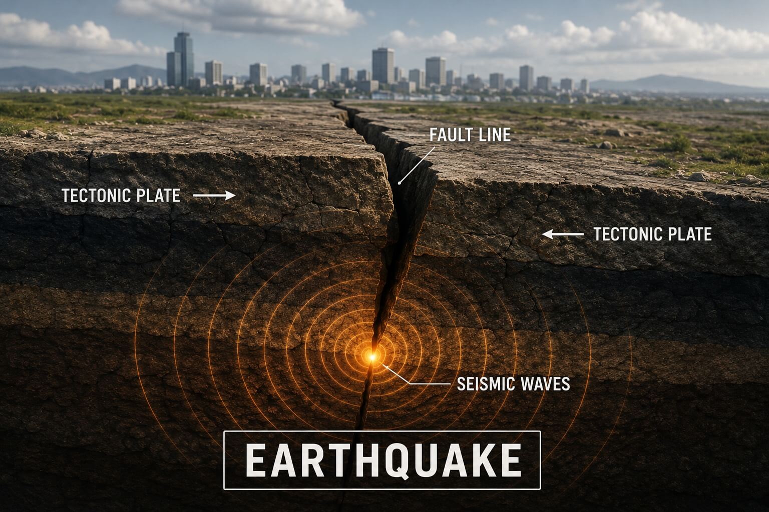 Illustration showing tectonic plates shifting beneath the Earth's surface and causing an earthquake