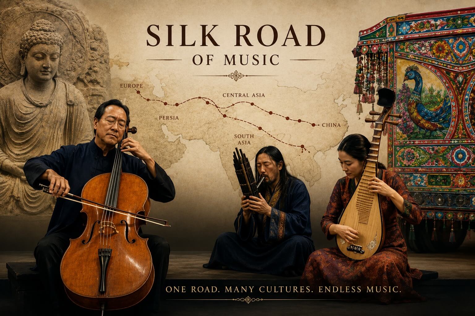 Yo-Yo Ma performing with musicians from different cultural traditions as part of the Silk Road Project