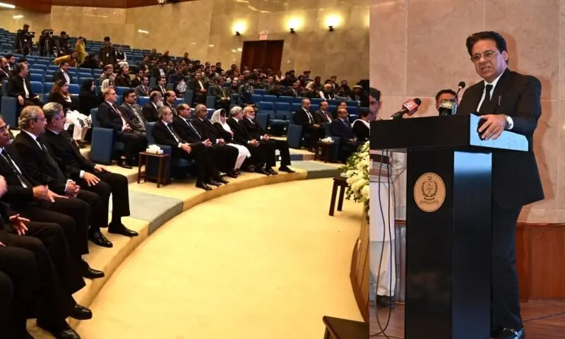 Justice Muhammad Ali Mazhar addressing the audience at the launch ceremony of the National Judicial Analytics Dashboard in Islamabad.
