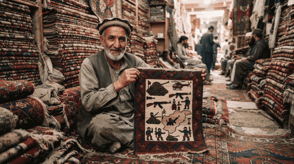 Elderly Afghan merchant wearing a Pakol hat displaying a small handwoven war rug featuring tanks, weapons, and helicopters in a carpet market.