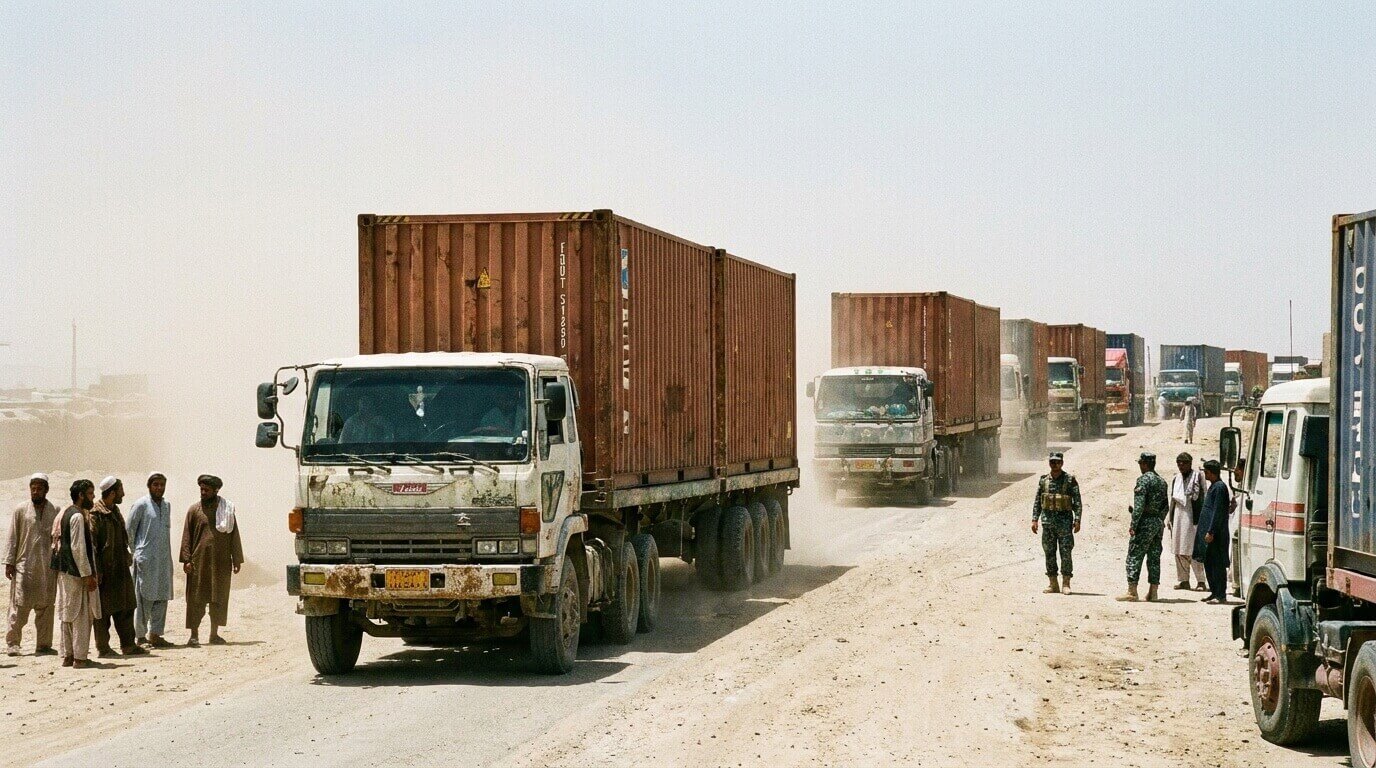 Convoy of heavy freight trucks carrying shipping containers along a dusty transit road near the Afghan border.