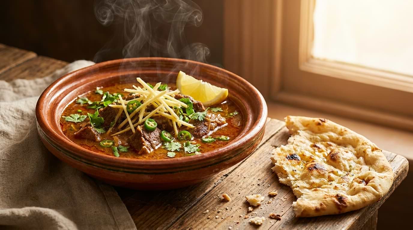 A clay bowl of steaming hot beef nihari garnished with julienned ginger, green chilies, cilantro, and a lemon slice next to a piece of naan on a wooden board.