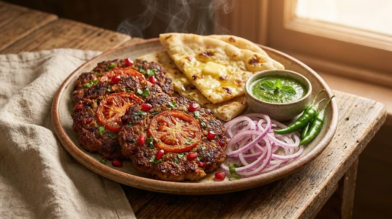 Freshly fried Peshawari Chapli kababs topped with tomato slices and pomegranate seeds, served with naan, green chutney, and sliced red onions on a ceramic platter.