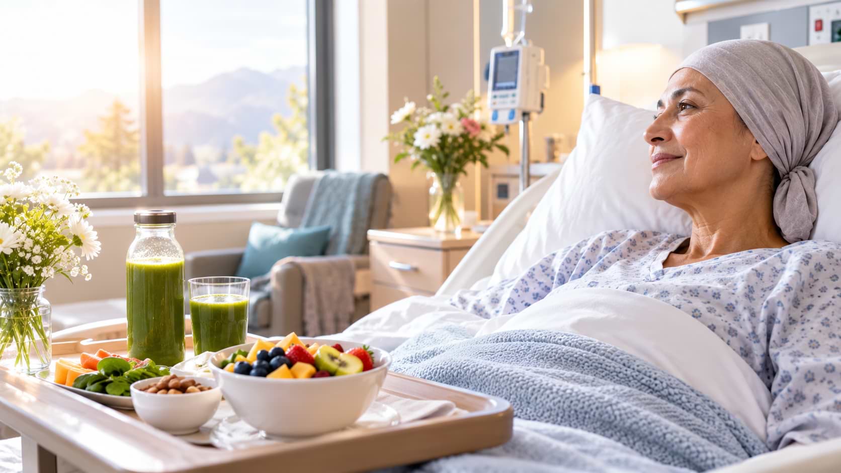 A female cancer patient resting peacefully in a hospital bed with a tray of fresh fruits, nuts, and green juice placed in front of her.