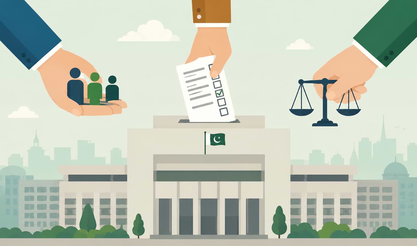 Vector graphic showing hands holding citizen icons, casting a ballot paper, and holding scales of justice above a Pakistani government building.