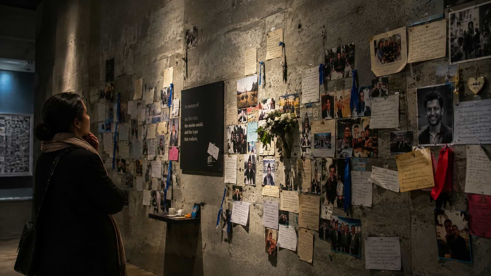 Visitor Reflecting at Memorial Exhibition Wall