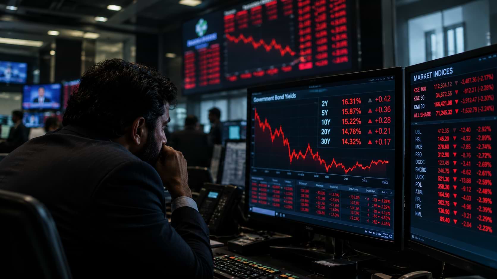 A financial analyst sitting at a workstation in a dark trading room, looking closely at computer monitors displaying red stock market charts and rising government bond yields.