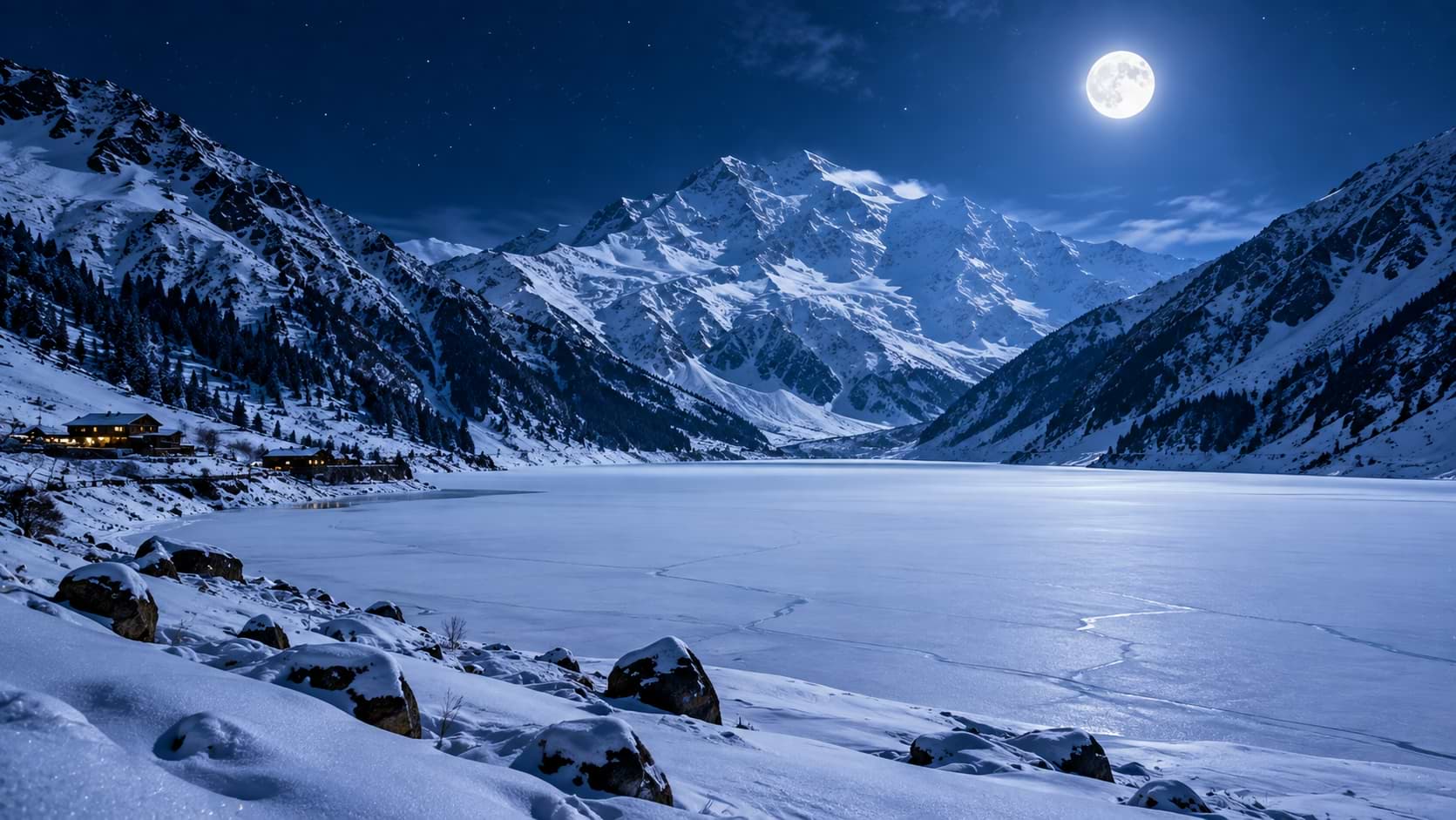 A wide frozen lake covered in ice and snow under a bright full moon, surrounded by snow-capped mountain peaks and lit wooden cabins in Kaghan Valley, Pakistan.