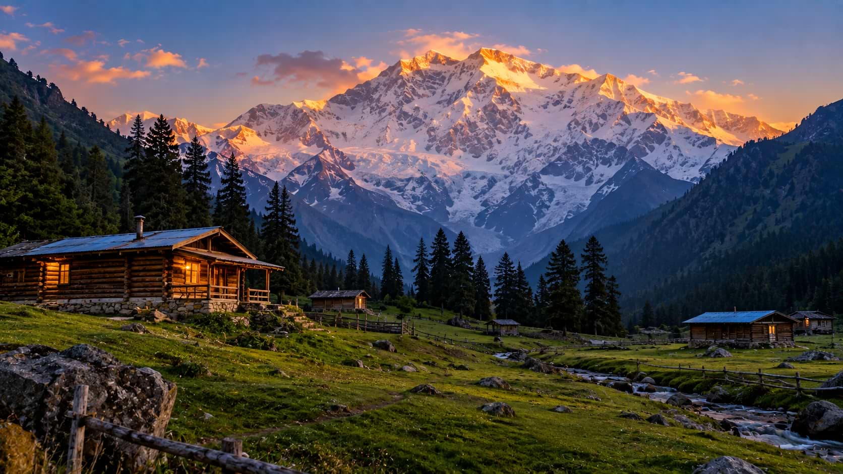 Wooden log cabins sitting on lush green lawns at Fairy Meadows with the massive snow-covered peak of Nanga Parbat glowing in warm sunset light in Gilgit-Baltistan, Pakistan.