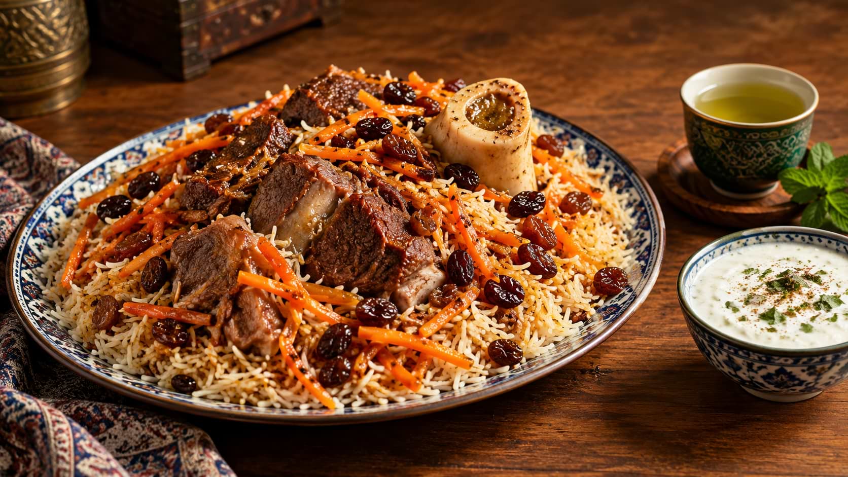 A large platter of Kabli Pulao garnished with tender beef, bone marrow, caramelized carrots, and raisins, served with yogurt and green tea on a wooden table.