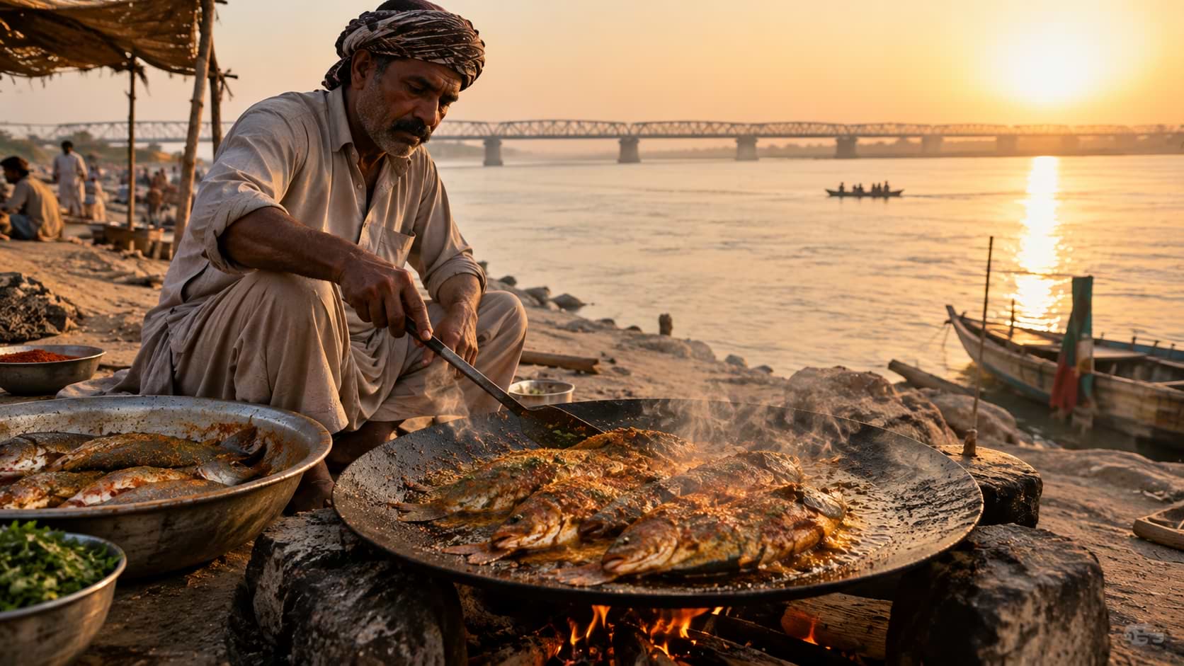 A local Sindhi cook frying marinated Palla fish on a large flat skillet by the banks of the Indus River in Sukkur during sunset.