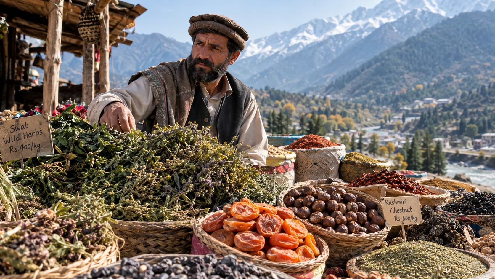 A local Pakistani merchant wearing a traditional Pakol hat sitting behind baskets of wild herbs, dried chestnuts, and persimmons in a Swat Valley market with snow-capped mountains in the background.