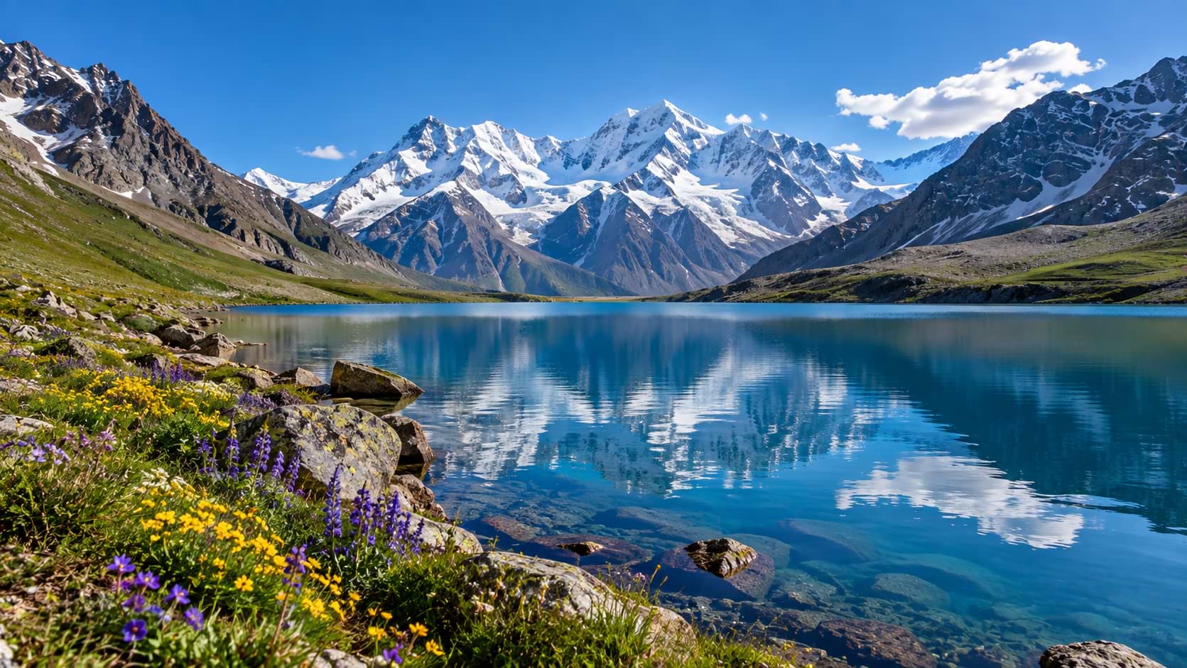 Yellow and purple alpine wildflowers blooming on the rocky shoreline of Karomber Lake with snow-capped Hindukush mountain peaks reflecting in pristine blue water.