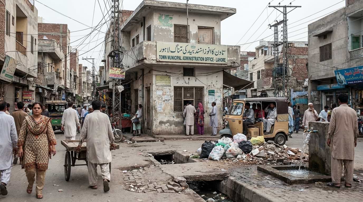 Citizens walking past a Town Municipal Administration Office in a congested urban neighborhood of Lahore.