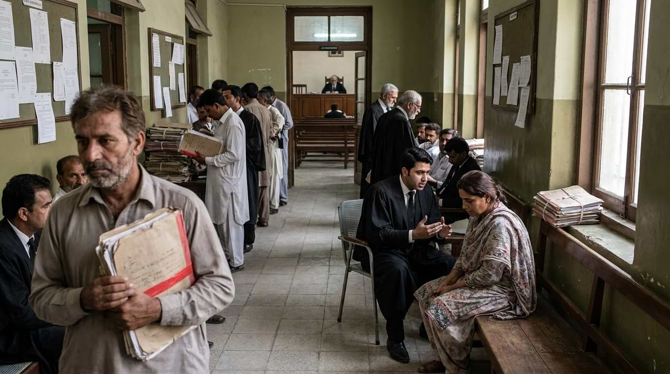 Lawyers consulting with clients and citizens holding case files inside a crowded court corridor in Pakistan.