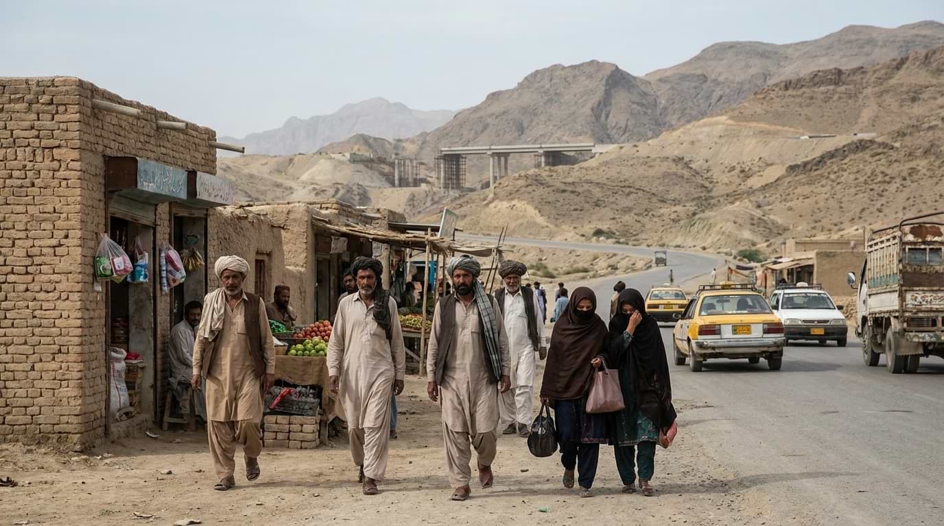 Local men and women walking along a roadside market in Balochistan with mountains and a highway bridge in the background.