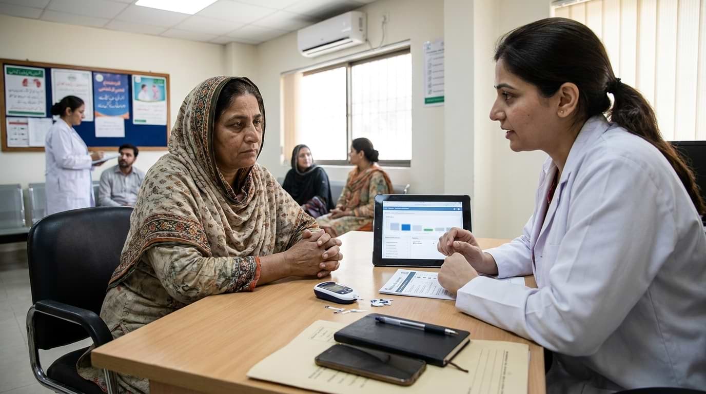 A Pakistani female doctor in a white coat counseling an elderly woman with diabetes sitting across a desk in a healthcare clinic.