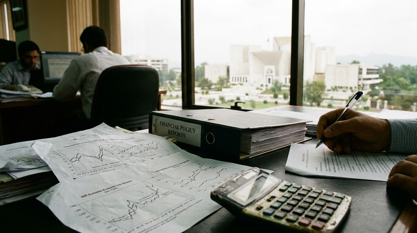 Financial policy binder, printed economic charts, and a calculator on an office desk overlooking government buildings in Islamabad.