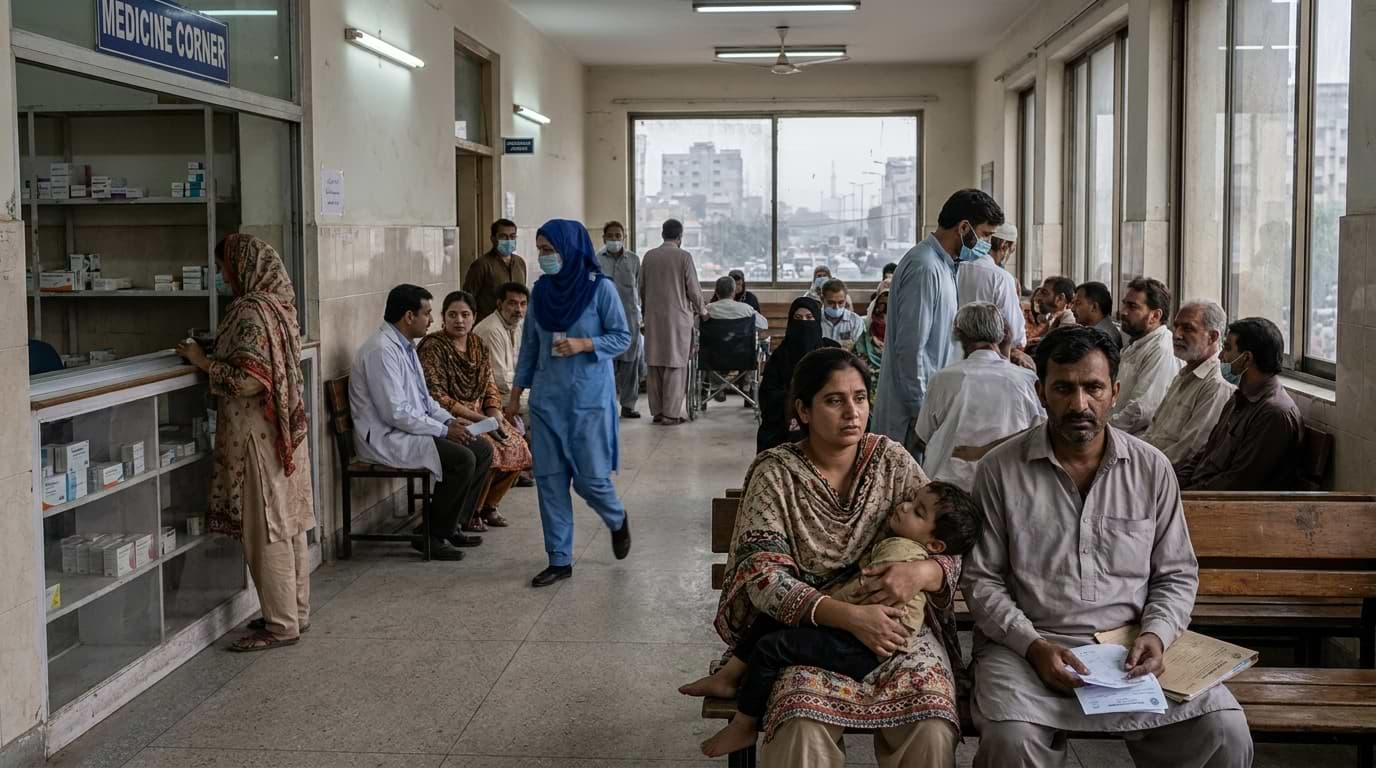 A family with a child sitting on a wooden bench in a crowded Pakistani hospital hallway near a medicine counter.