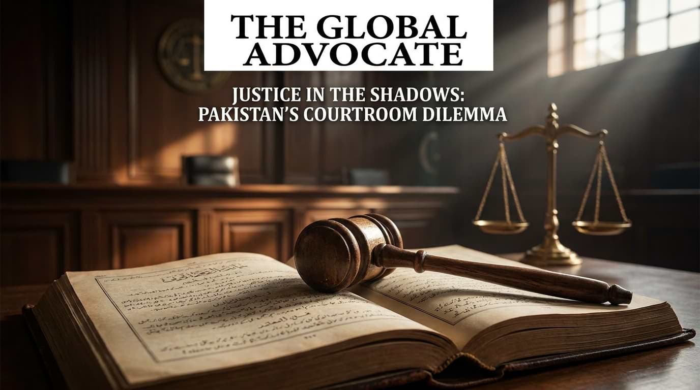 A wooden judge's gavel resting on an open law book with brass scales of justice and atmospheric courtroom lighting in the background.
