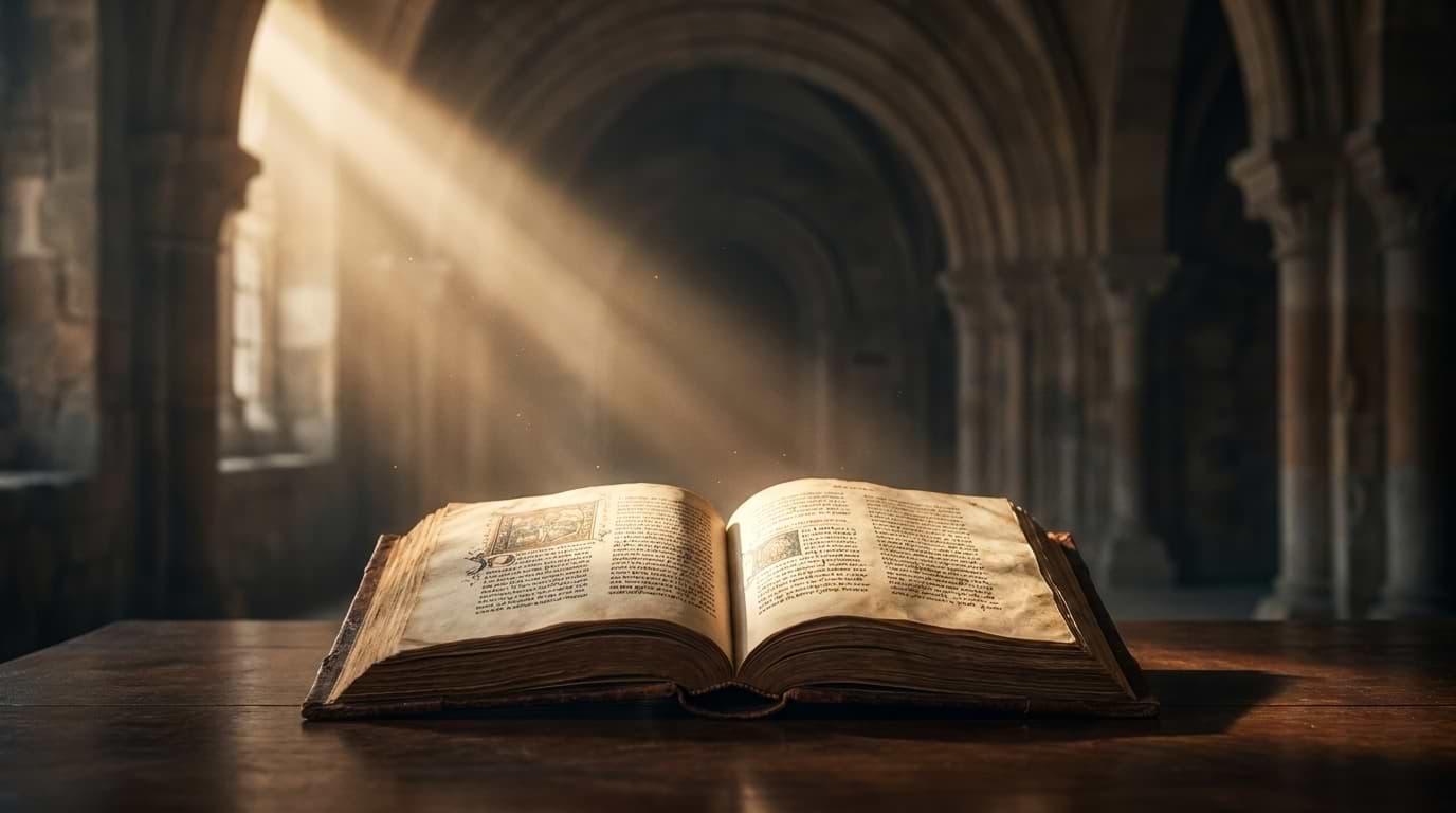 An open ancient manuscript resting on a wooden desk illuminated by a single beam of sunlight inside a stone hall with arches.