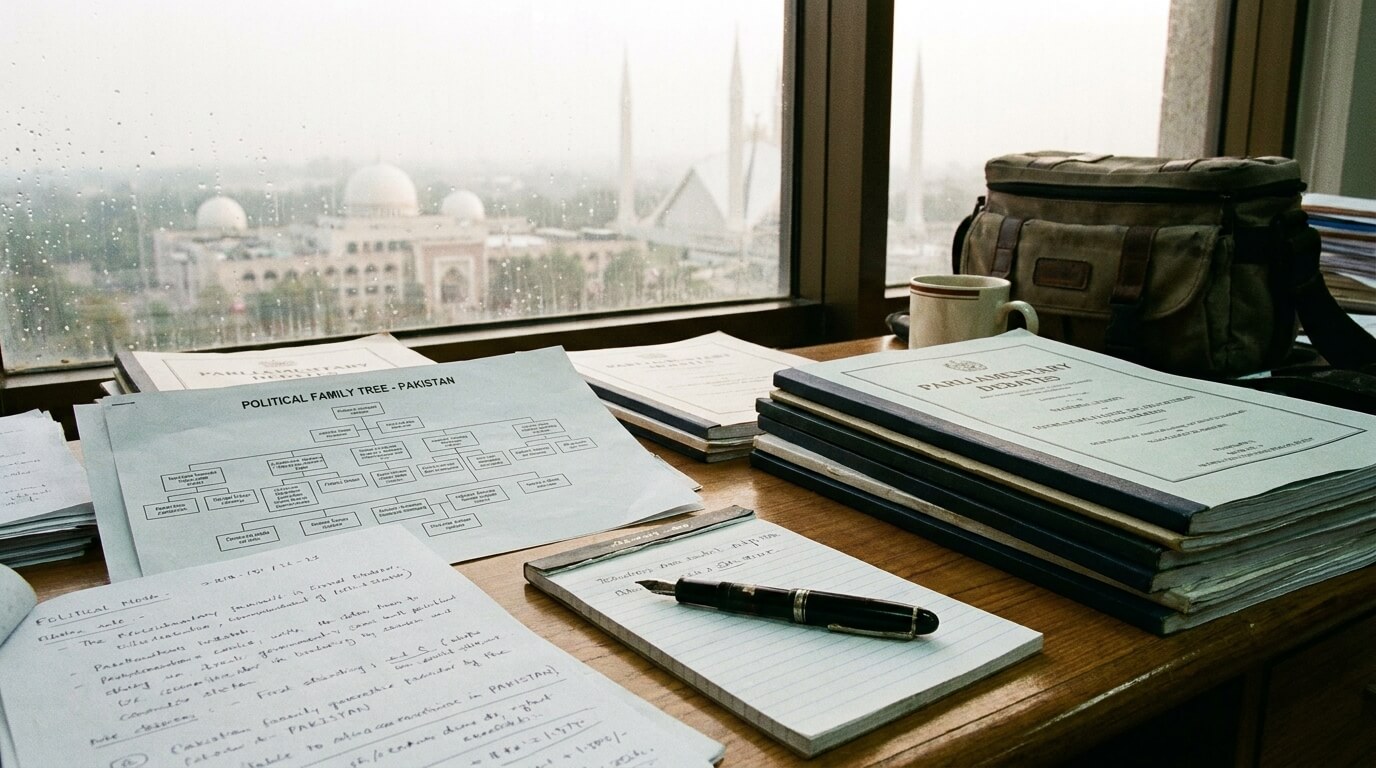 Journalist workspace with handwritten notes, a political family tree chart, and parliamentary reports on a desk overlooking Islamabad.