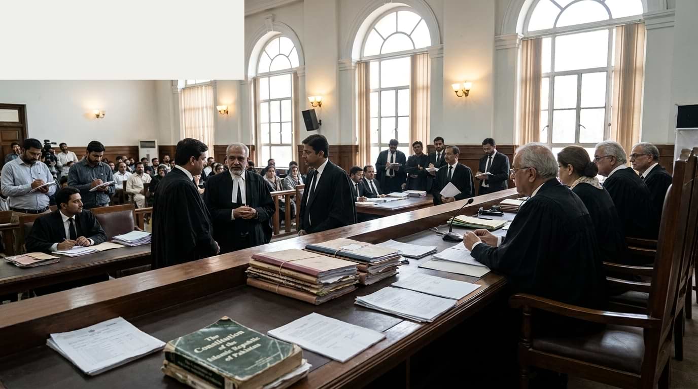 Judges seated on the bench listening to legal arguments from lawyers inside a Pakistan courtroom.