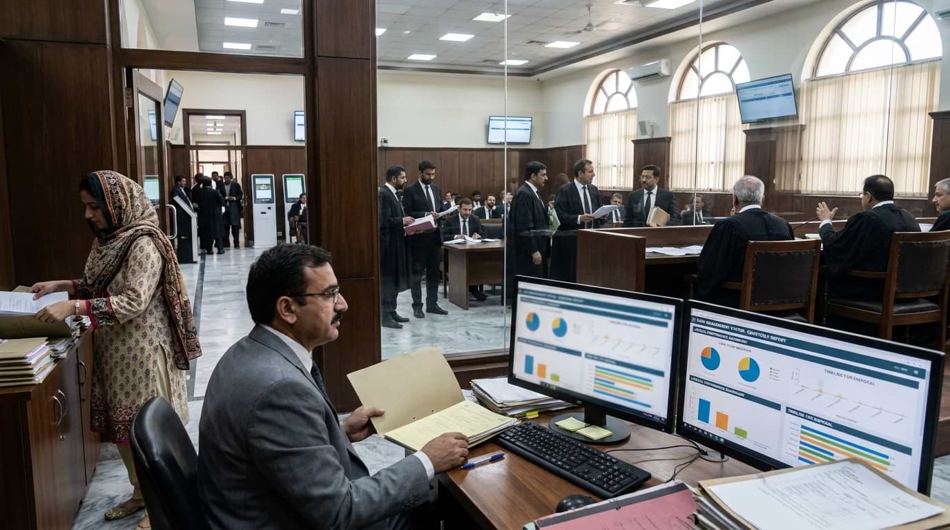 Court administrative staff working on computers with digital performance dashboards inside a Pakistani courthouse.