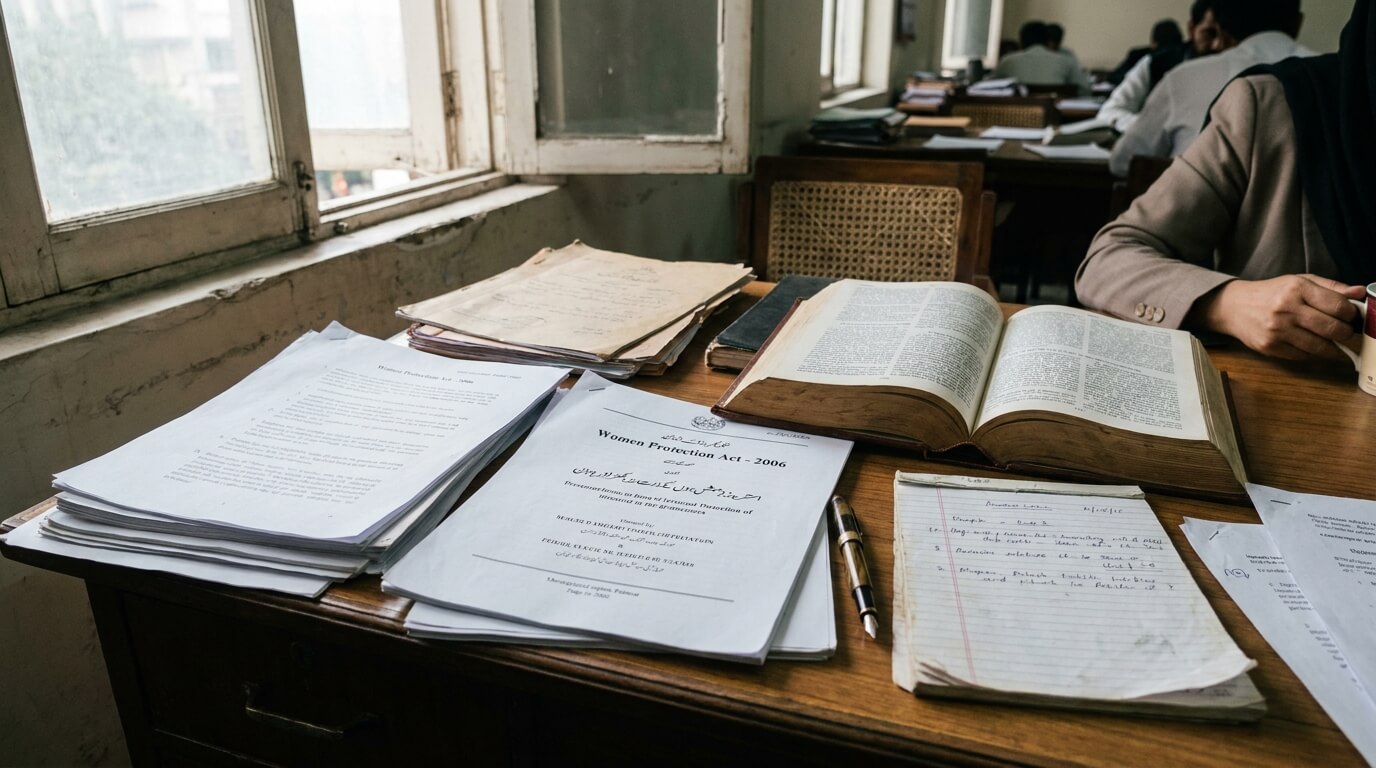 Legal documents titled Women Protection Act, open reference books, and handwritten notes on a desk in Pakistan.