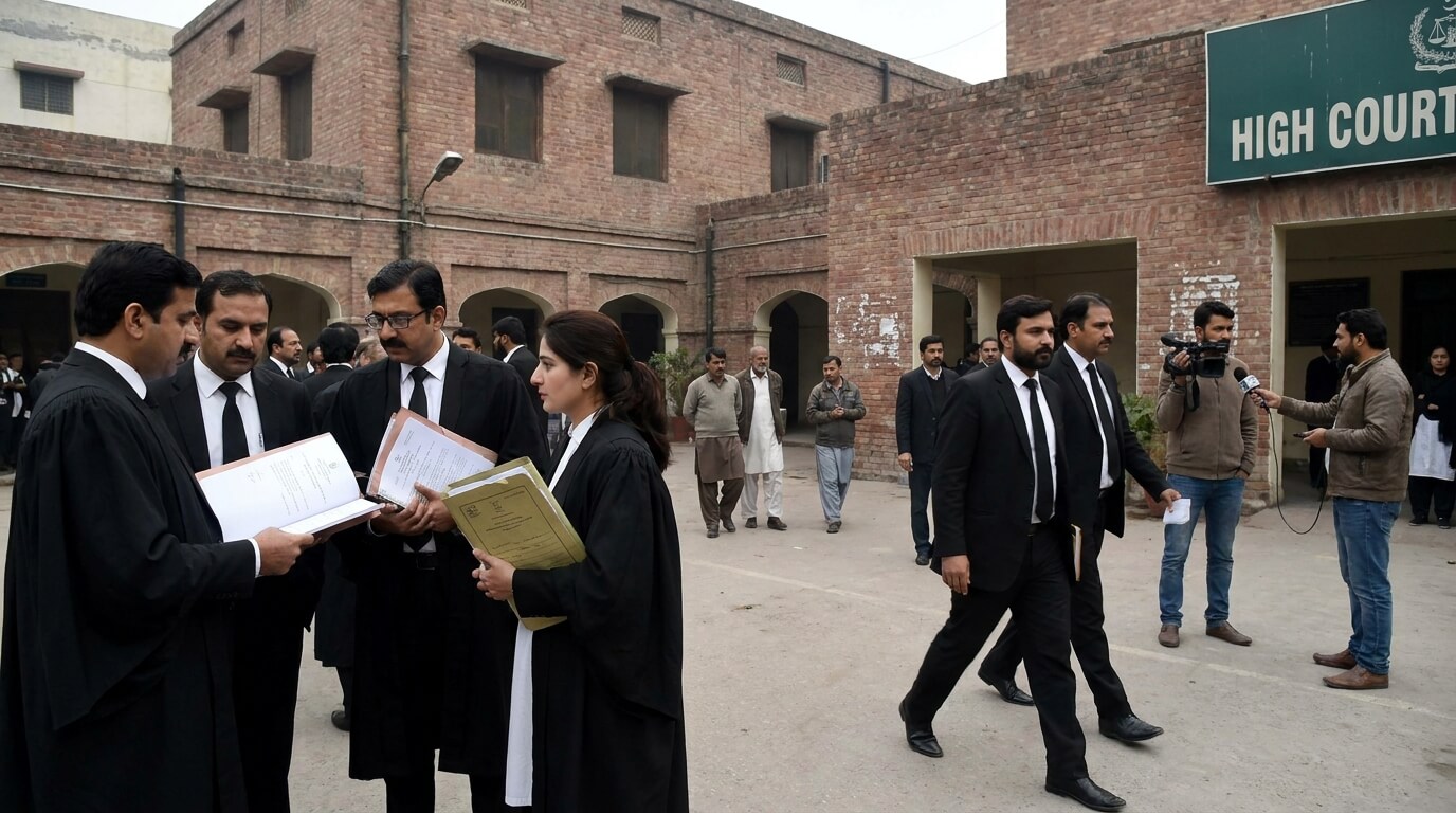 Pakistani lawyers in black suits holding case files outside a High Court building while media reporters record footage.