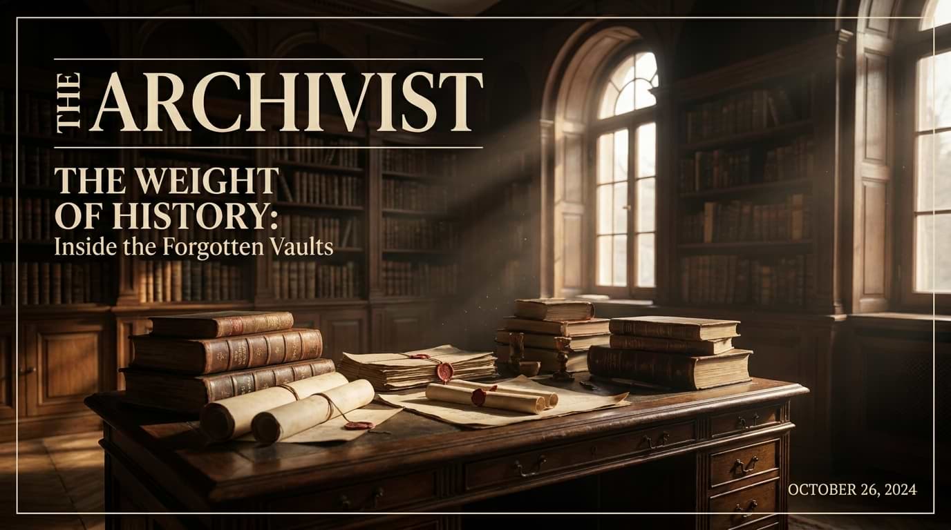 Old leather-bound books and sealed parchment scrolls arranged on a wooden desk inside a classic library setting.