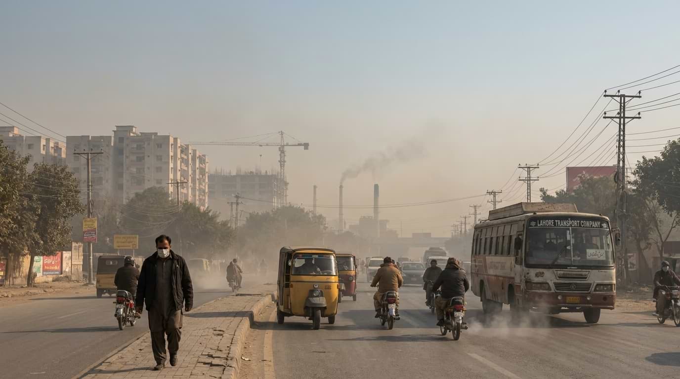 A man wearing a face mask walks along a dusty road in Lahore surrounded by traffic and a smoggy industrial backdrop.