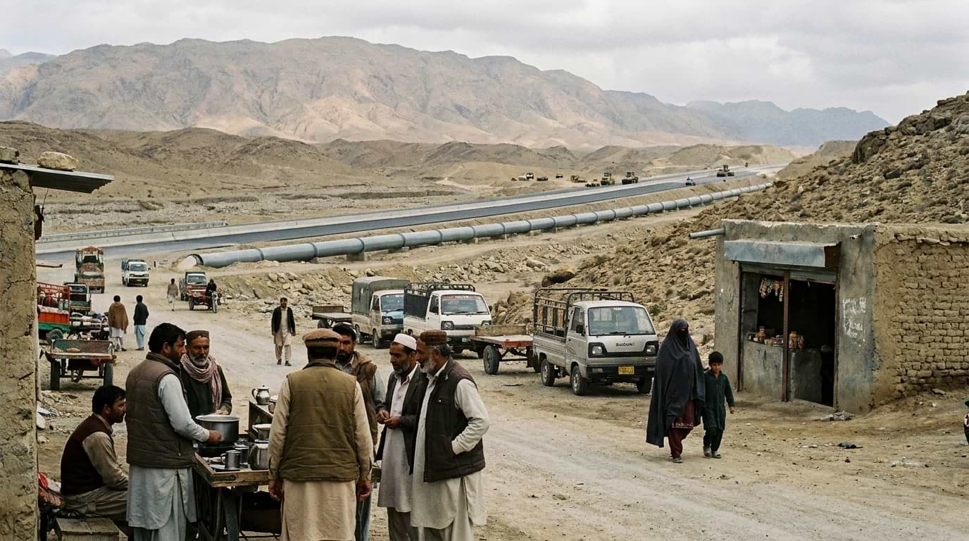 A large industrial pipeline and modern highway running through a barren mountain landscape past a rural village and roadside shops in Pakistan.