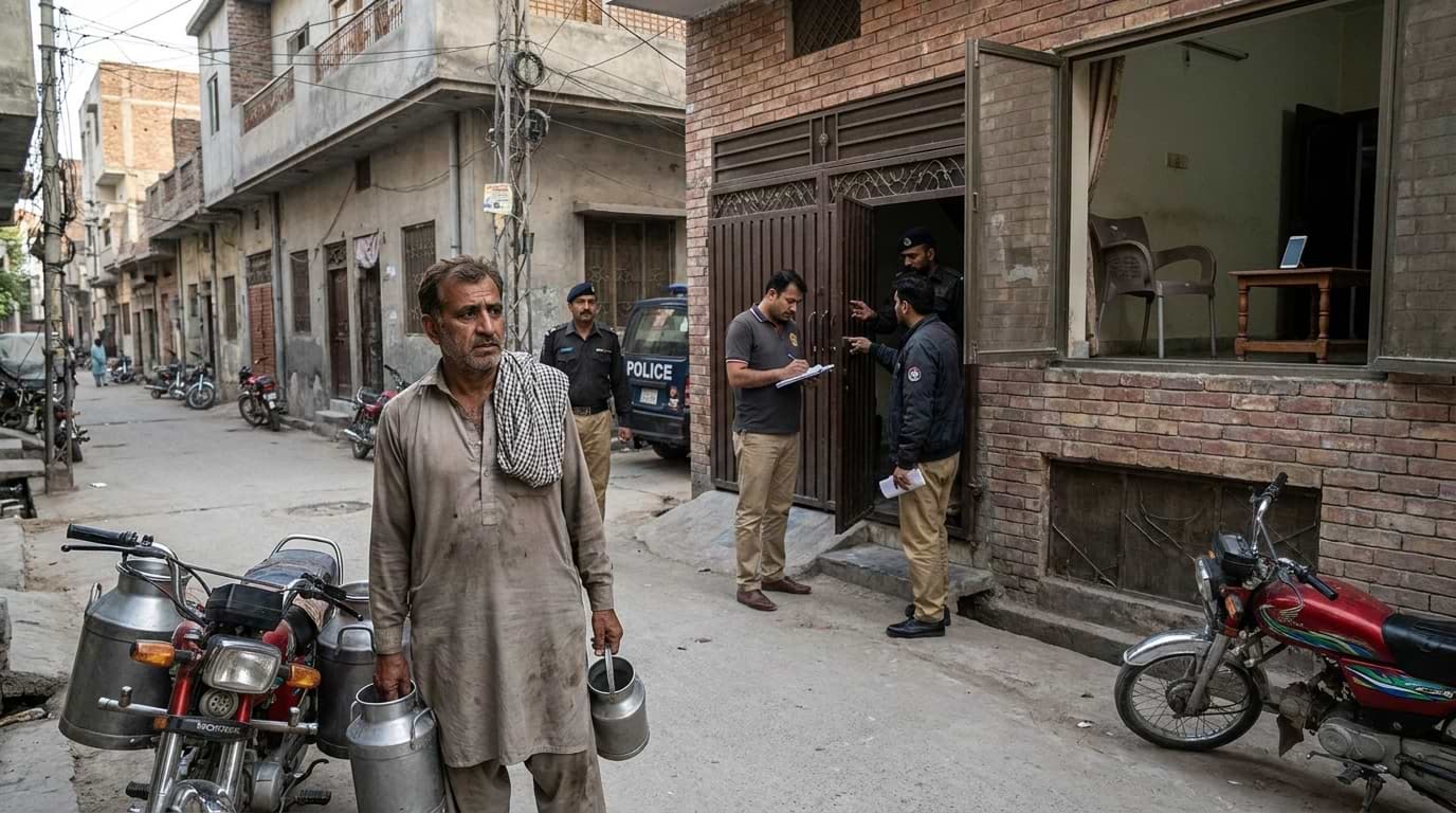 A milkman with milk cans standing on a street while police officers investigate a house in Lahore.