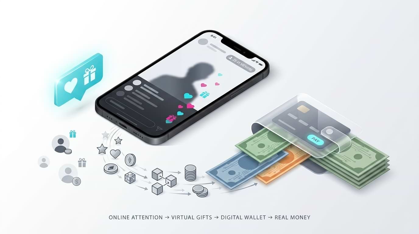 An isometric infographic depicting online attention converting to virtual gifts, digital wallets, credit cards, and real cash.