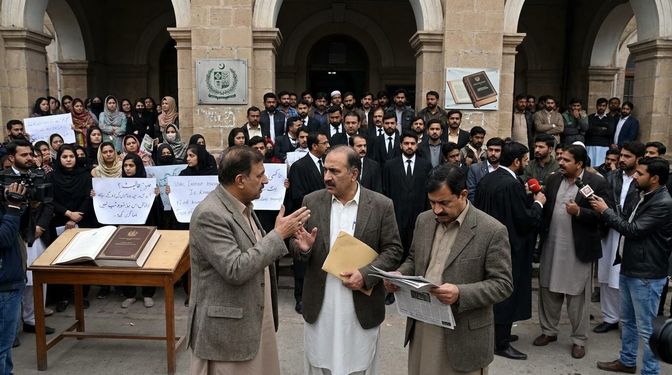 Lawyers, political supporters holding placards, and media reporters gathering outside a historic court building in Pakistan.