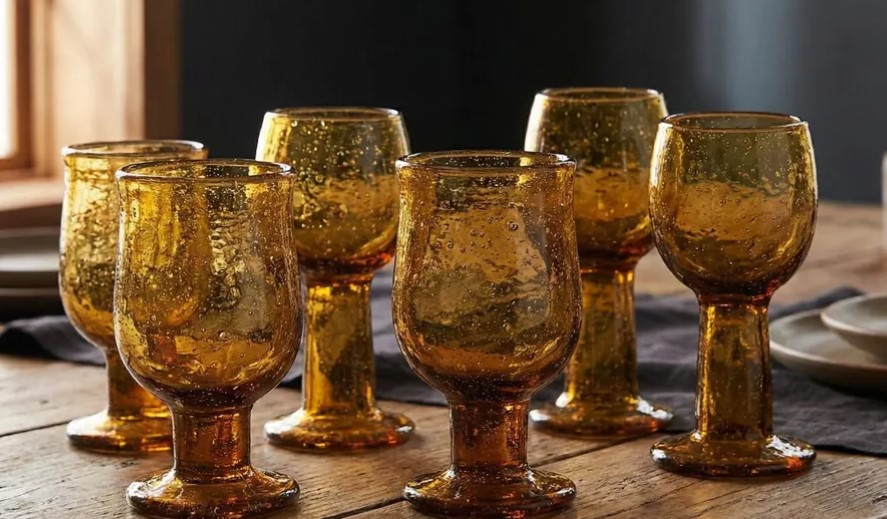 Six amber-colored handblown glass goblets with air bubble textures arranged on a wooden table
