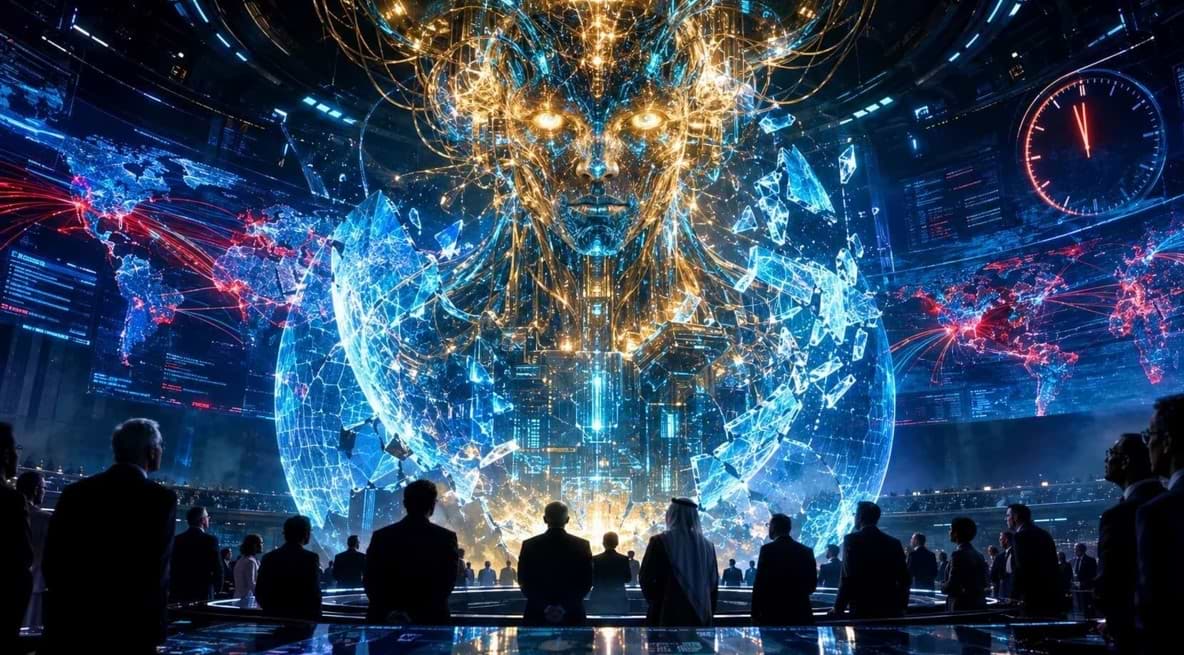 A high-tech global assembly observing a glowing digital AI face emerging from a holographic globe surrounded by world data maps.