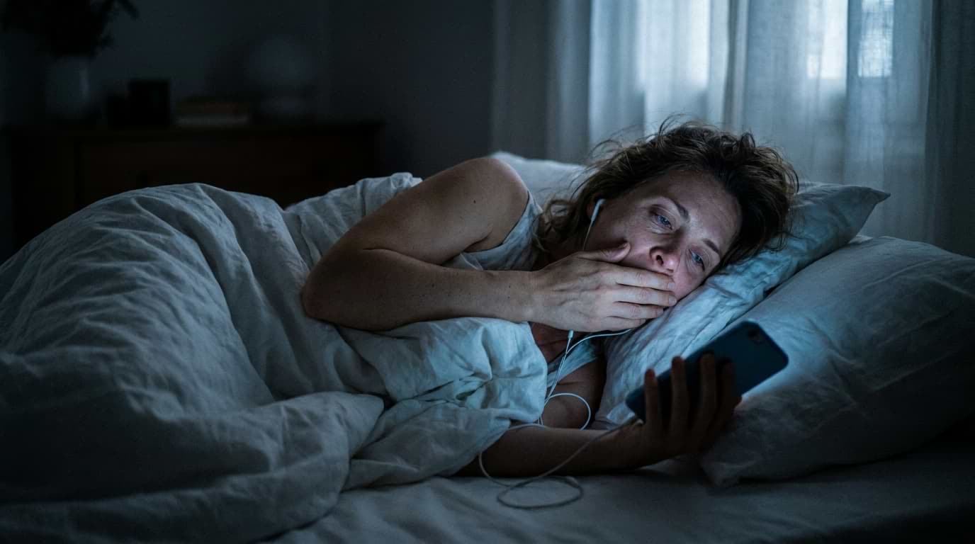 A tired woman lying in bed at night in a dim bedroom looking at a glowing smartphone screen while yawning.