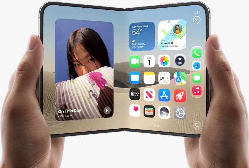 A person holding the unfolded Apple iPhone Duo showing a large 7.6-inch inner display with iOS apps and widgets.