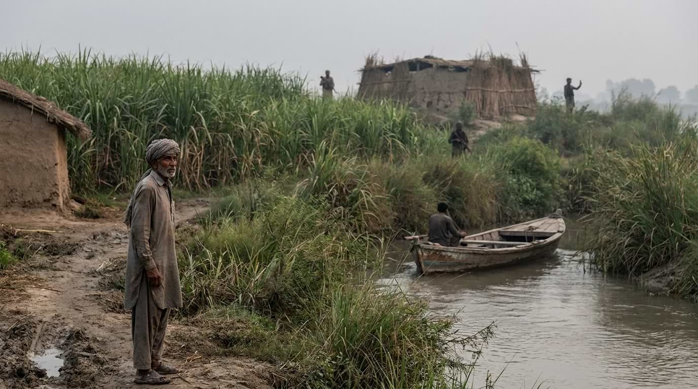 An elderly villager standing near a riverbank in Katcha while armed bandits move on a boat and near sugarcane fields.