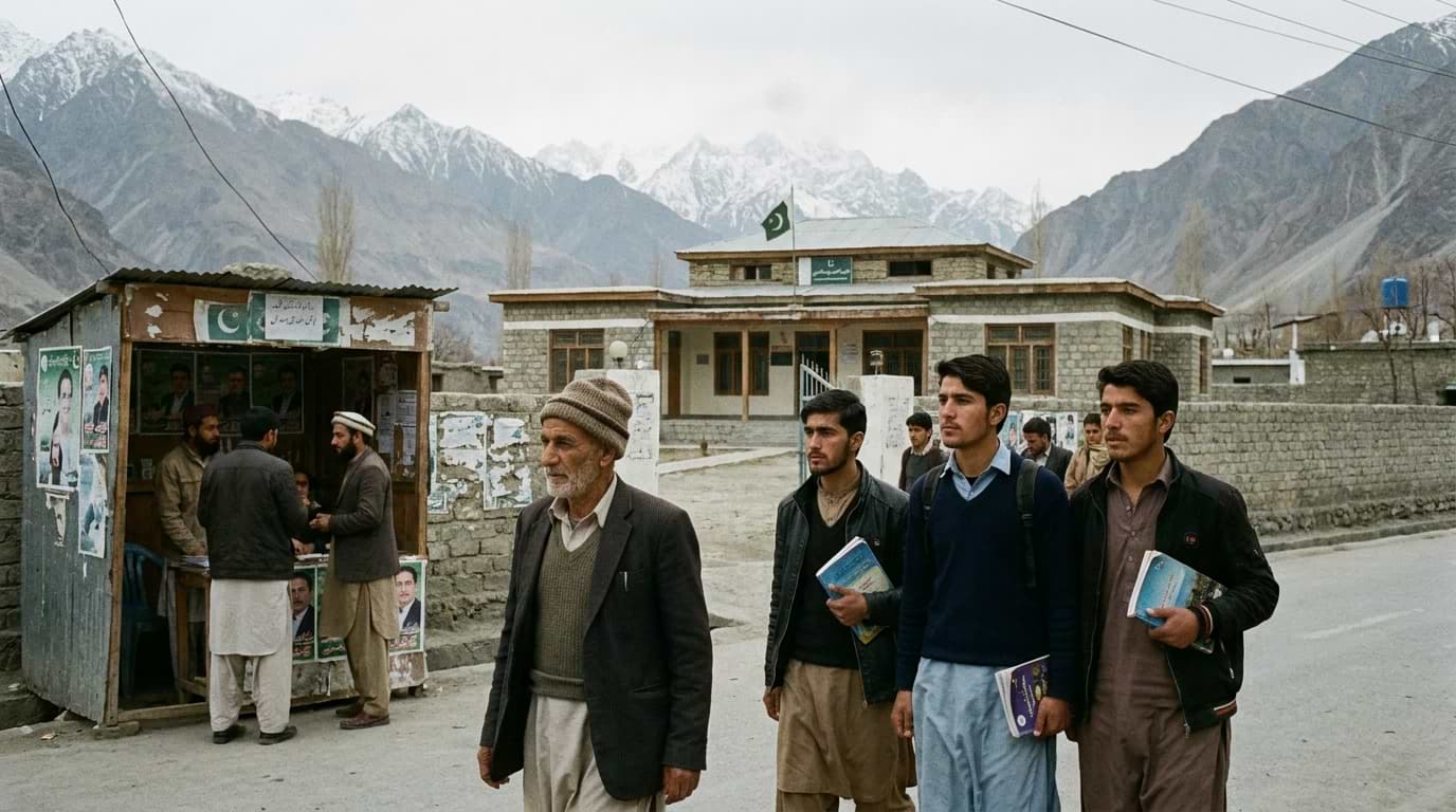 Local residents and young voters walking past a government building with the Pakistani flag in Gilgit-Baltistan.