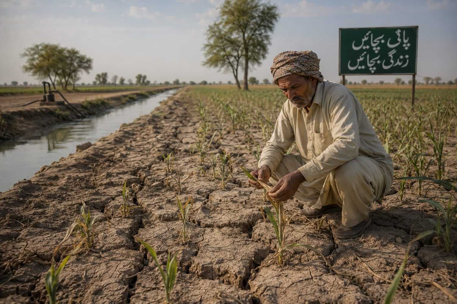A Pakistani farmer standing in an irrigated agricultural field managing water channels under dry conditions.