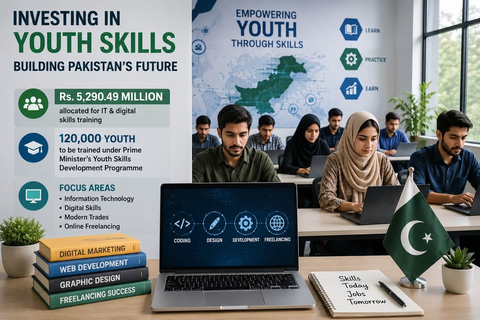 Young Pakistani students sitting in a modern computer laboratory undergoing IT and digital technology training.