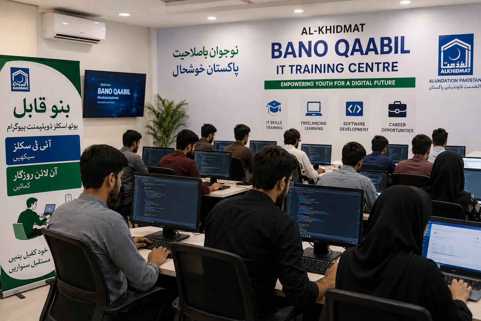 Pakistani male and female students sitting in front of computer screens studying programming and freelancing at the Bano Qaabil IT training center in Peshawar.