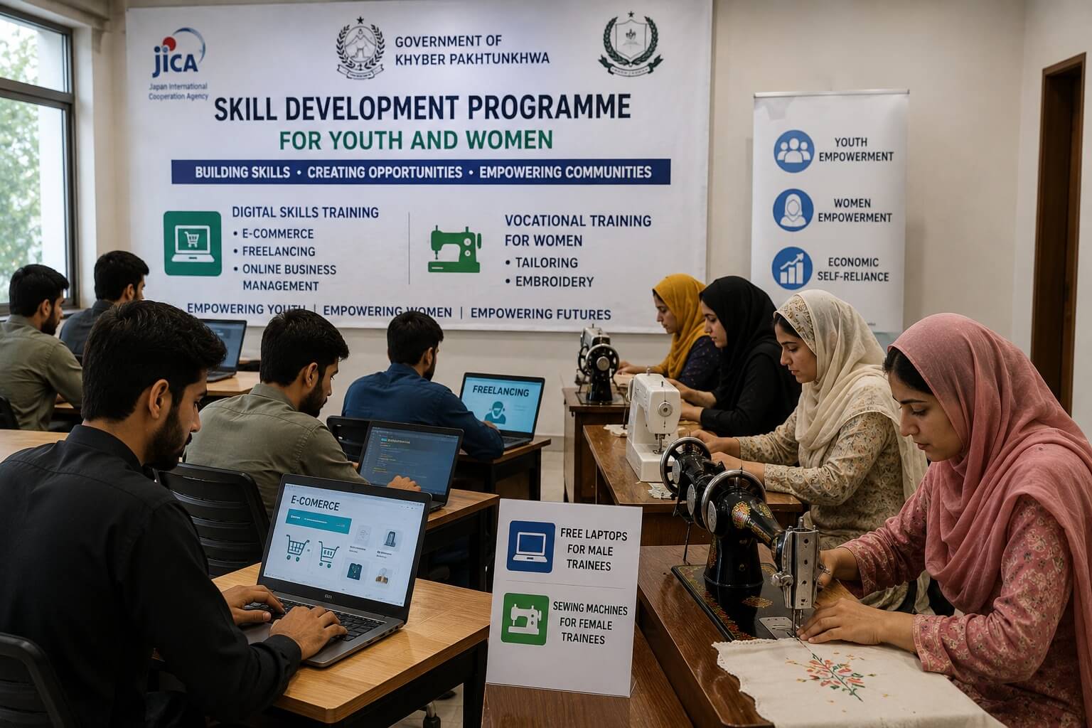 Young Pakistani men working on laptops and women using sewing machines in a JICA Skill Development Programme training room.