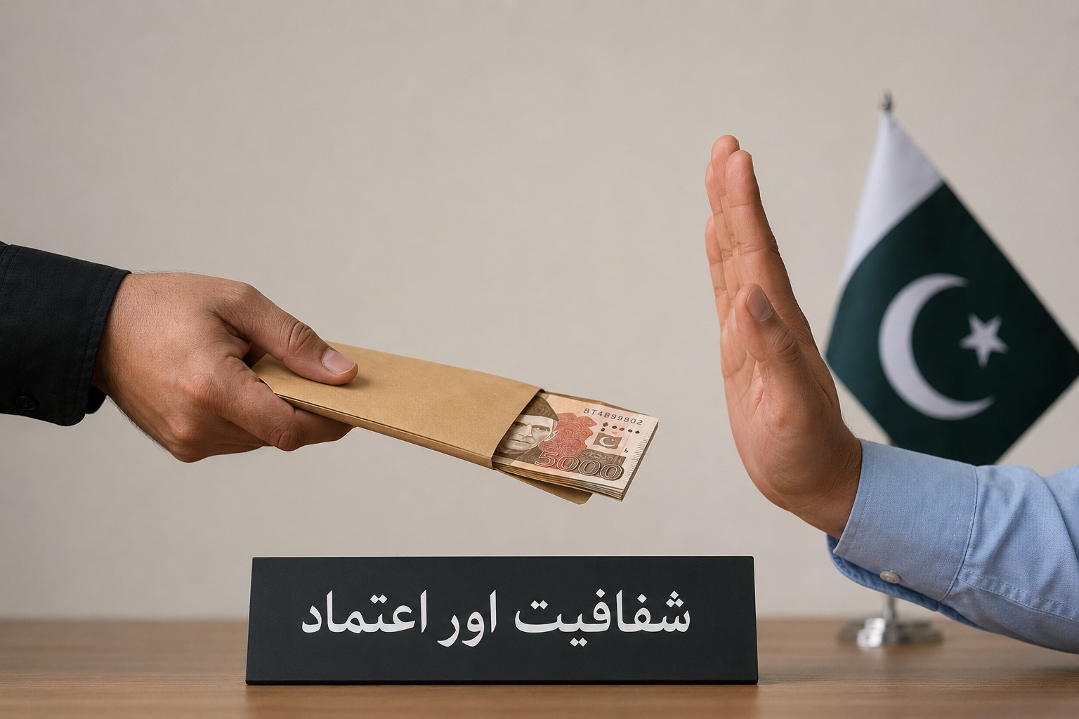 A conceptual shot showing a person's hand refusing an envelope of Pakistani rupee currency notes beside a sign that reads "شفافیت اور اعتماد" and a small Pakistani flag.