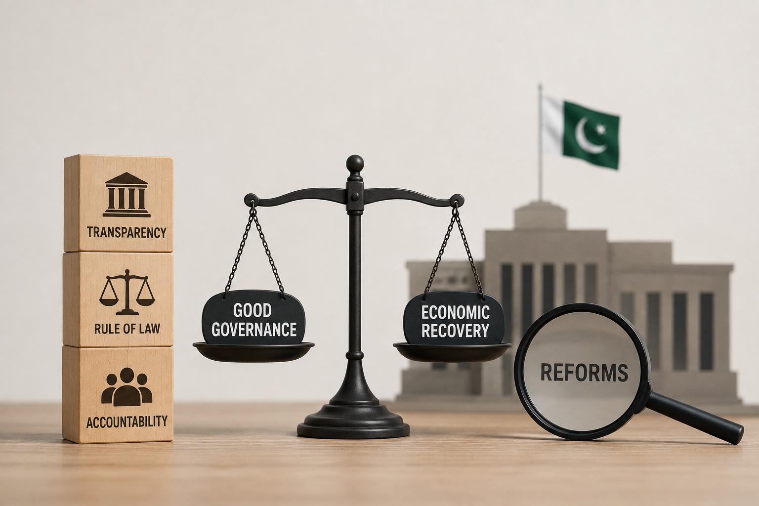 An editorial illustration showing legal scales, financial documents, and institutional governance papers symbolizing economic recovery through structural reforms in Pakistan.