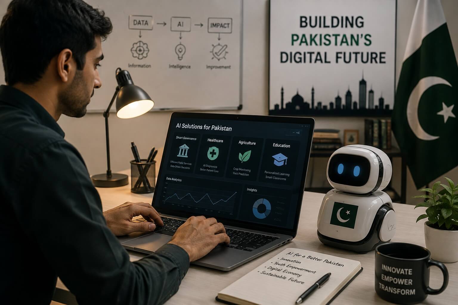 A young tech professional working on a laptop displaying AI solutions for Pakistan alongside an AI robot assistant and a Pakistani flag.