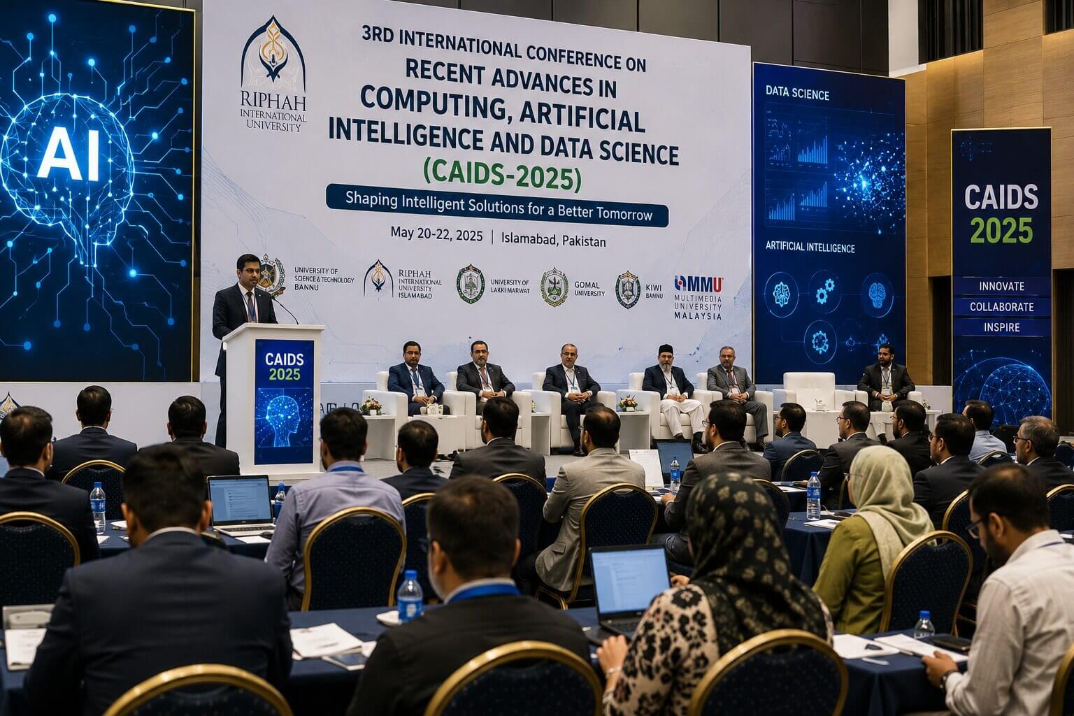 Stage and audience at the 3rd International Conference on Recent Advances in Computing, Artificial Intelligence and Data Science (CAIDS-2025) held at Riphah International University Islamabad.